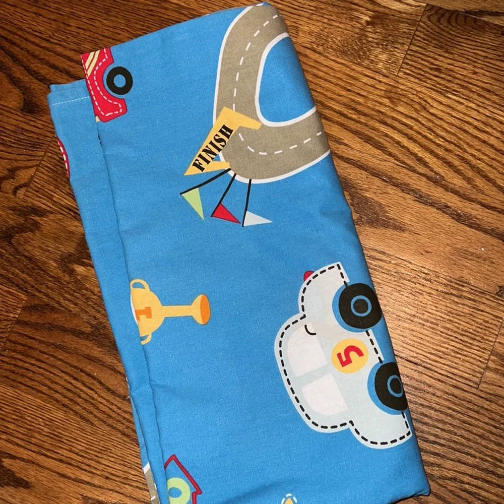 Kassatex boys bath car set: shower curtain, towels, soap dish, tray, covered jar